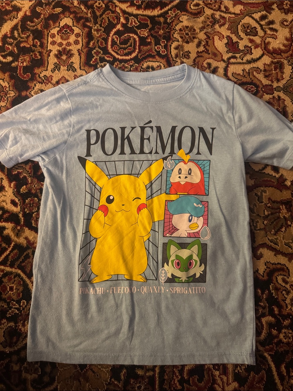 Pokemon Light Blue Kids Tee with Yellow Pikachu & Colorful Character Panels